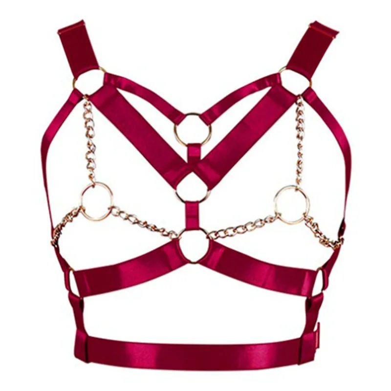 Wine Red Harness Bra Top Punk Gothic Chain Gold Sexy Lingerie Belts Strappy Chest Cage Women Body Bondage Plus Size Hollow Out