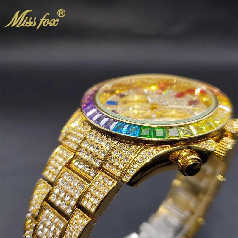 Gold Men Watch With Rainbow Diamond Bezel MISSFOX Chronograph Three Dial Waterproof Watches For Male Sport Stylish Timepieces