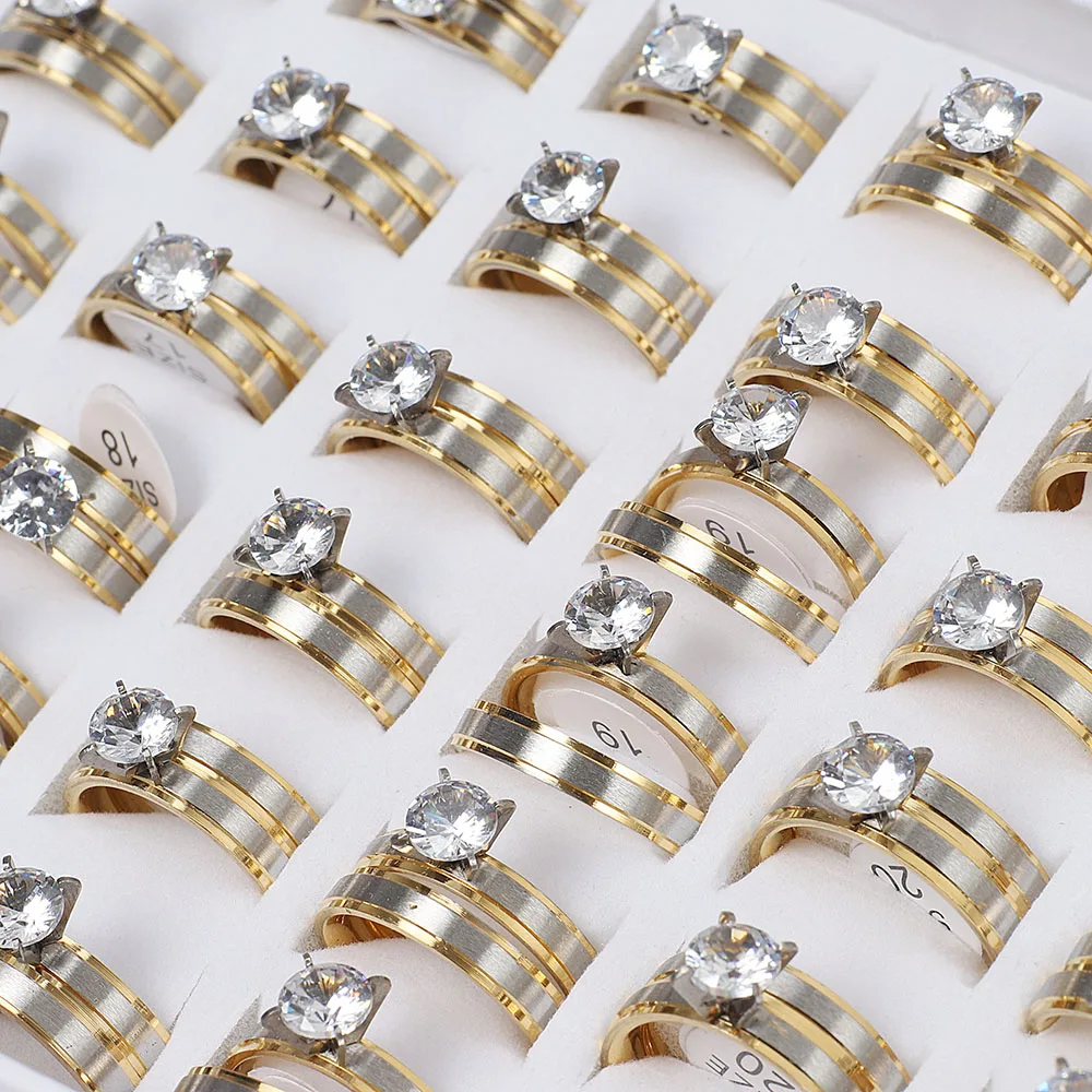 Wholesale 12Sets Cubic Zircon Stainless Steel Rings Men Women Wedding Jewelry FREE Shipping