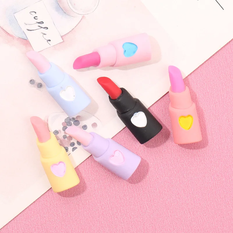 10Pcs/lot Heart Lipstick Flat back Resin Cabochon Kawaii Scrapbooking Decoration Crafts DIY Dollhouse Play Hair Clip Accessories