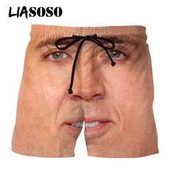 LIASOSO 3D Print Unisex Movie Star Nicolas Cage Face Men's Shorts Beach Casual Boardshorts Trousers Baggy Sport Joggers Funny