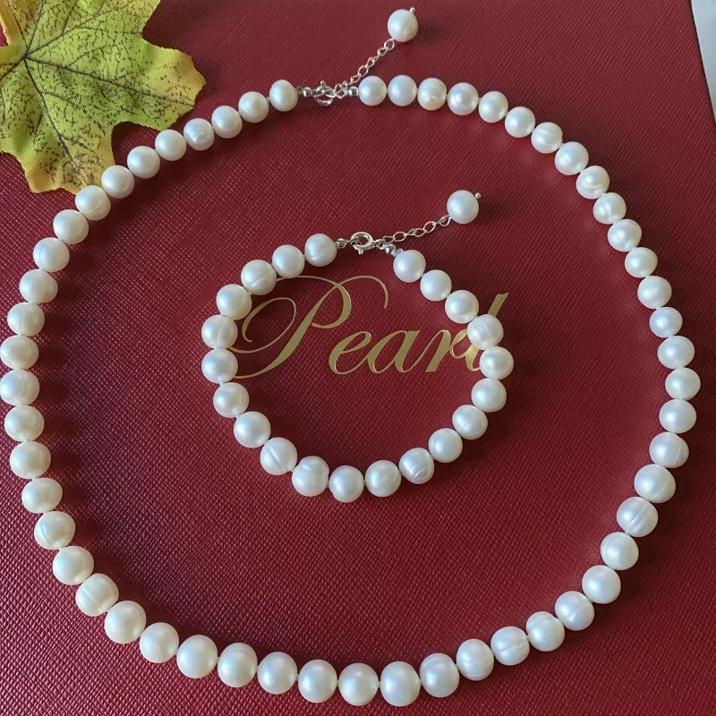 ZHRUKAN 9-10mm Natural Freshwater Pearl Jewelry Set Real 925 Sterling Silver Necklace Bracelet For Women Fashion Gift