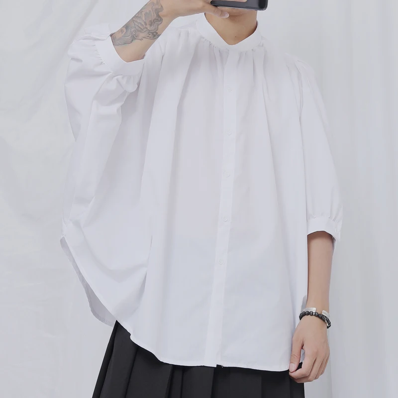 

Men's Half Sleeve Shirt Spring And Summer New Stand-Up Collar Solid Color Bat Sleeve Casual Loose Large Size Shirt