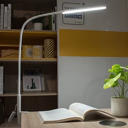 Lampe de table LED à bras long, lampe de bureau à pince, lampe de lecture protégée des yeux avec 3 niveaux de luminosité et document pour l'étude à domicile, 10W