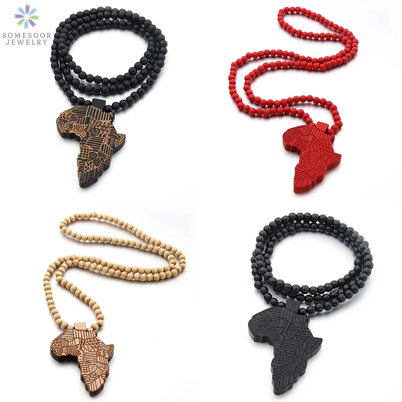 SOMESOOR Vintage Natural Wood African Map Pendant Necklace Engraved Afro Ethnic Pattern Elastic Beads Chains For Women Gifts