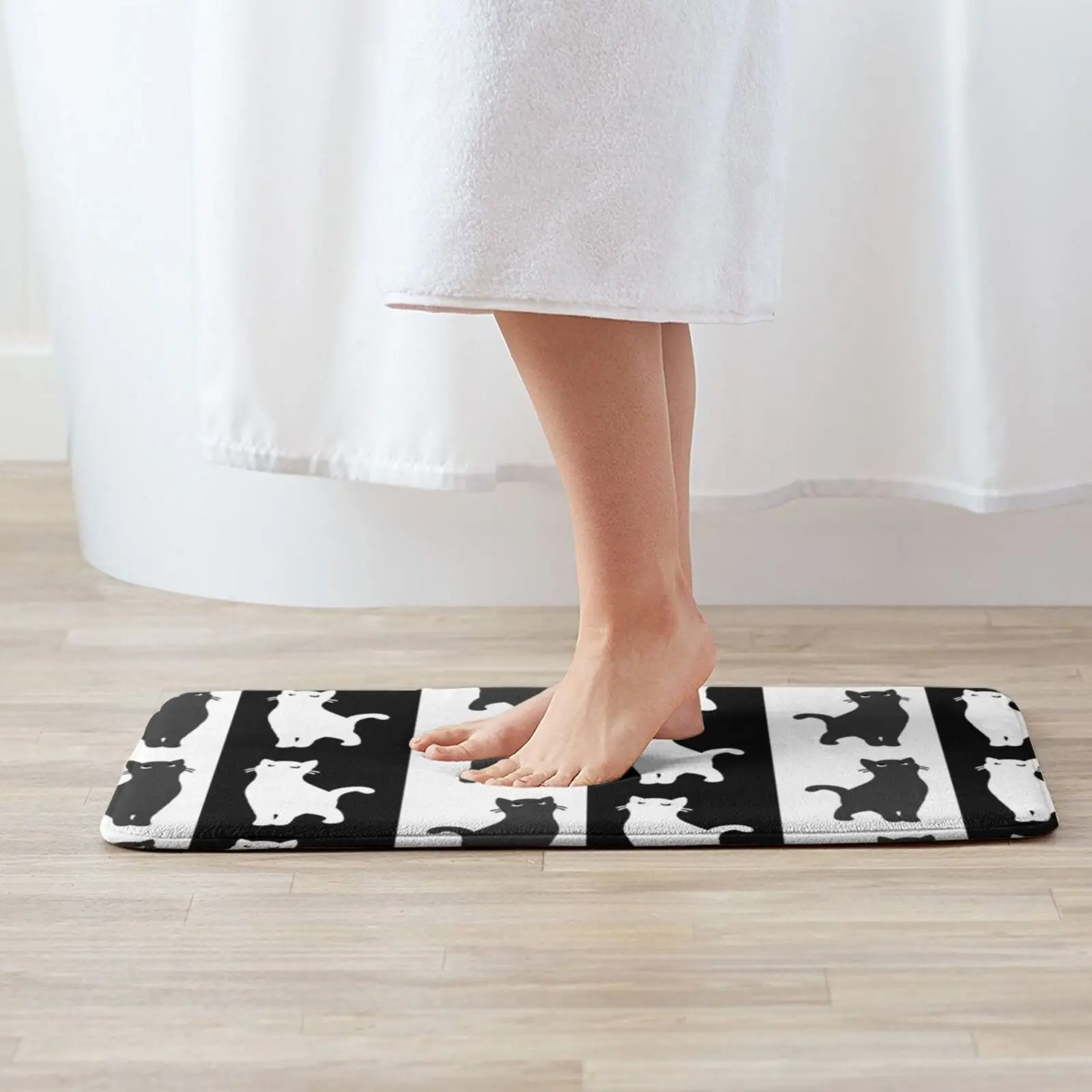 Inverted Cats Entrance Door Mat Bath Mat Rug Cats Kitten Kitty Playful Ears Tail Fur Silhouette Inverted Black White Whiskers