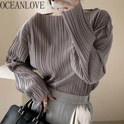 Oceanloveプリーツ固体女性ブラウス韓国オフィスレディエレガント秋blusas mujer 2022シャツファッション長袖18986