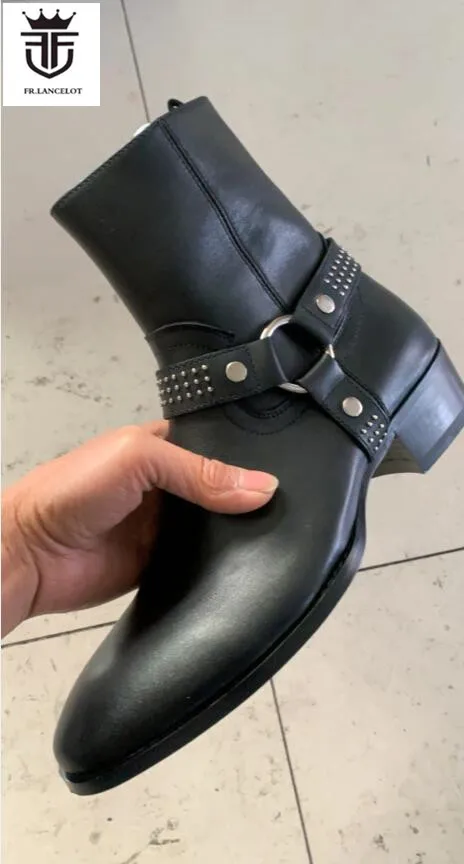 

FR.LANCELOT 2021 men black leather boots men leather boots buckle ankle booties beading stud party shoes med heel men boots