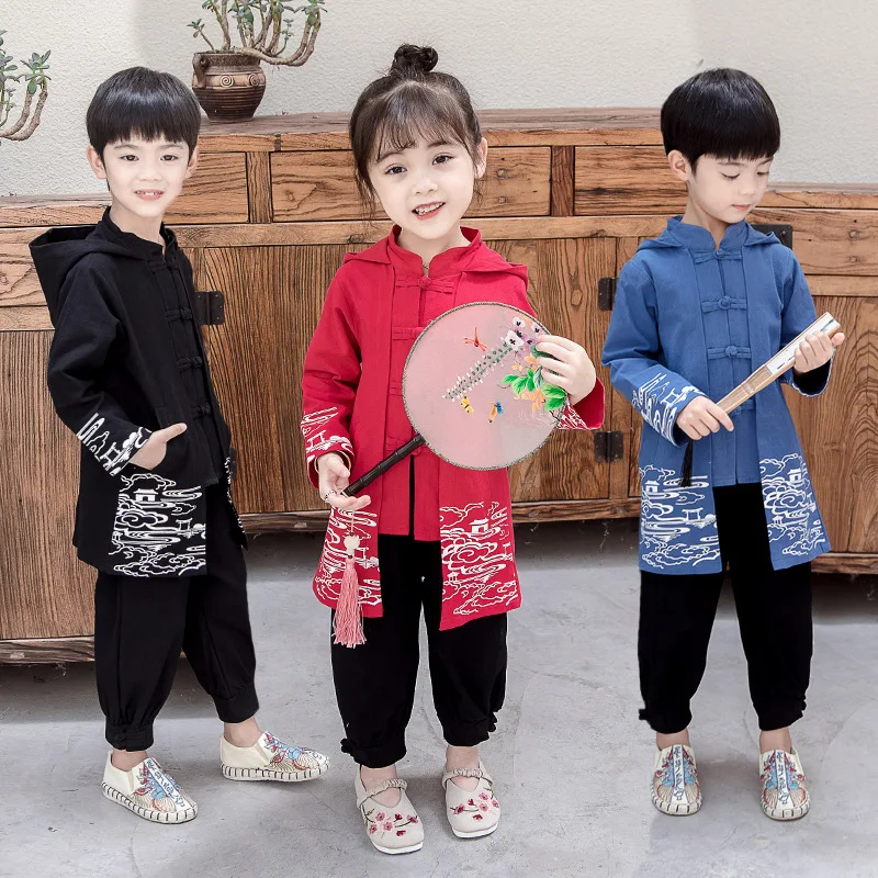 Girl Kids Baby Boy Modern Hanfu Chinese Style Tang Set Clothes Outfits Kung Fu Uniform Embroidery Chinese Long Robe Clothing