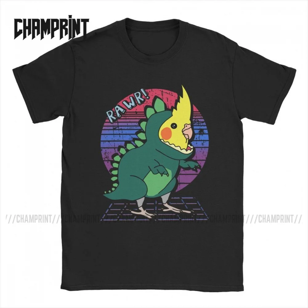 Creative Aesthetic Vaporwave  Cockatiel Dinosaur Doodle T-Shirt for Men 100% Cotton Parrot Bird Short Sleeve Tee Original Tops