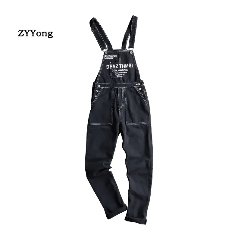 Loose Letter Black Overalls Men Denim Jumpsuit Bib Jeans Korea Hip Hop Streetwear Rompers Casual Big Pocket Cargo Pants Trousers