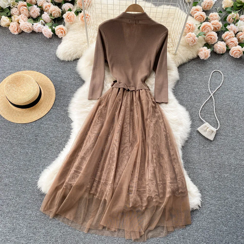 C509 Women New Fashion Autumn Winter Knitted Long Sleeve Dress Stitched Mesh Lace Up Waist Solid Color Casual Clothes Vestidos