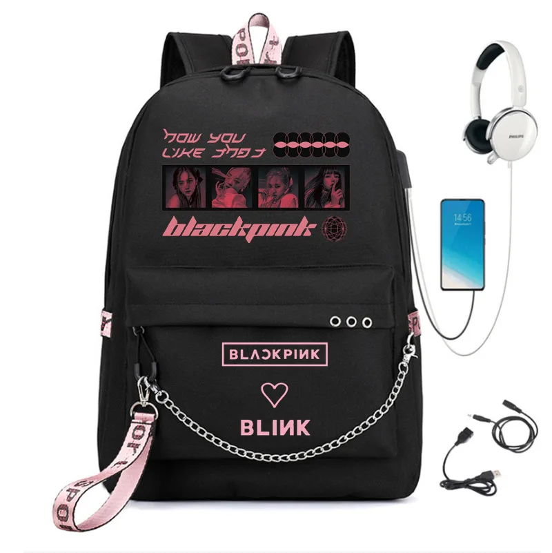 Mochila escolar para niñas, bolso de viaje con cadena para ordenador portátil, puerto USB para auriculares, color negro y rosa