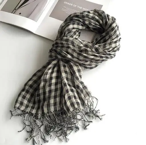 100% Linen Black Plaid Tassel Woman Scarf Hijab Foulard Shawls Scarves Women For Spring and Autumn