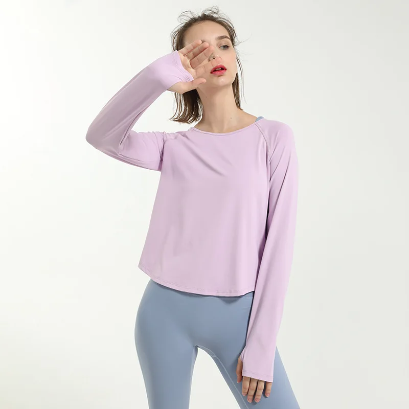 Women Loose Yoga Shirts Long Sleeve Thumb Hole Sport T-Shirt Hollow Out Running Sweatshirt Gym Solid Fitness Workout Tops Blouse