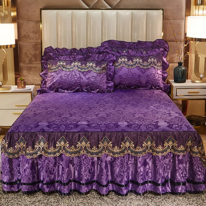 1pc Bed Skirt + 2pcs Pillowcase, Luxury Embossing Velvet Bedspread King Queen Size Romance Embroidery Lace Short Plush Bed Skirt