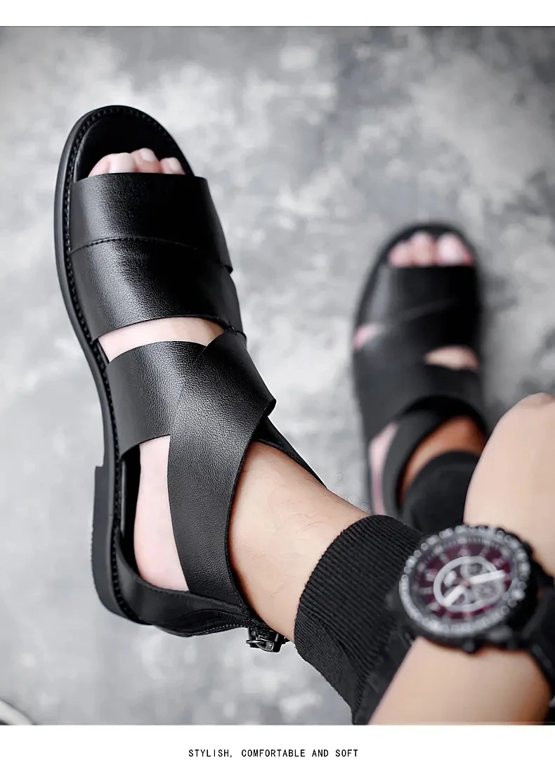 Summer Men\'s Sandals Genuine Leather Open Toe Roman Shoes Fashion Men\'s Business Casual Sandals Black Size 38-44