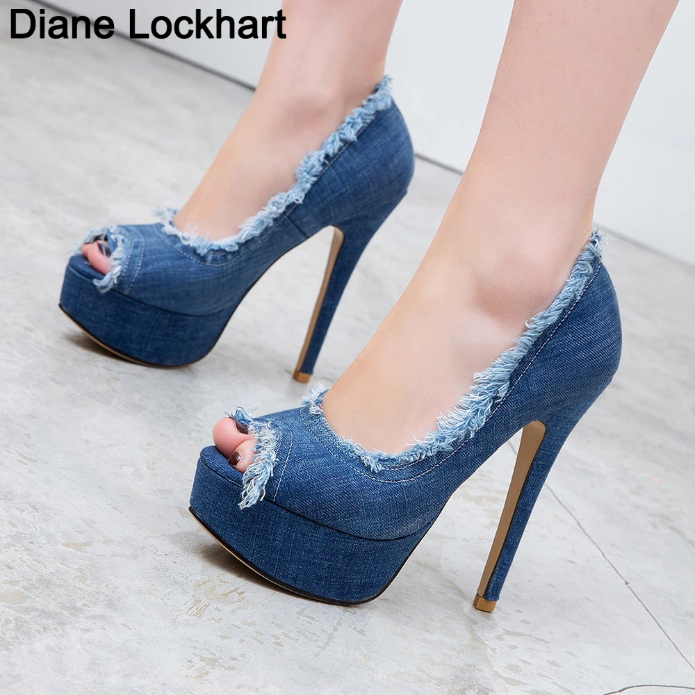 Women Denim High Heels Party Platform Shoes Fish Mouth Spring Pumps Woman Open Toe Slip On Thin Heels Female Dress Stilettos 41