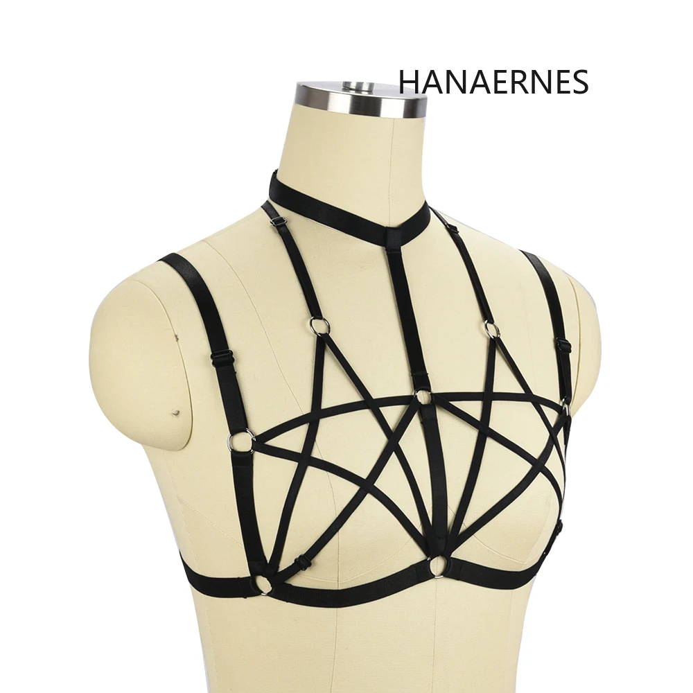 Arnés con tiras de doble pentagrama para mujer, sujetador de jaula, Top de Bondage para pecho, lencería Sexy, ropa interior erótica gótica Punk, ropa fetiche elástica