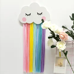 Cute Wooden Hollow Rainbow Clouds Wall Hanging Ornament Tassel Pendant Hair Clip Hanger Storage For Girl Kids Room Decorations