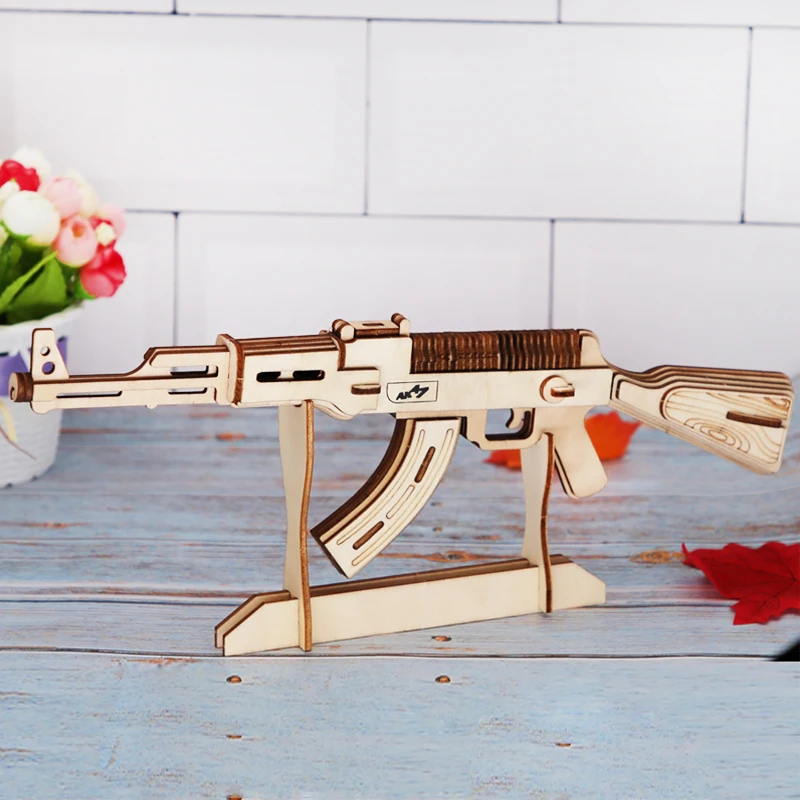 DIY 3D Scatter With Rubber Band Bullet Wooden Gun Puzzle Assembly Model Game Popular Educational Toys Gift For Children Adult