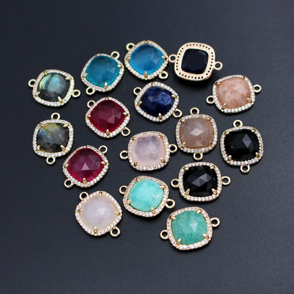 

10pcs Square Natural Blue Red Stone Pendant Charms Connector CZ Paved For Necklace Bracelet Earrings Jewelry Making DIY