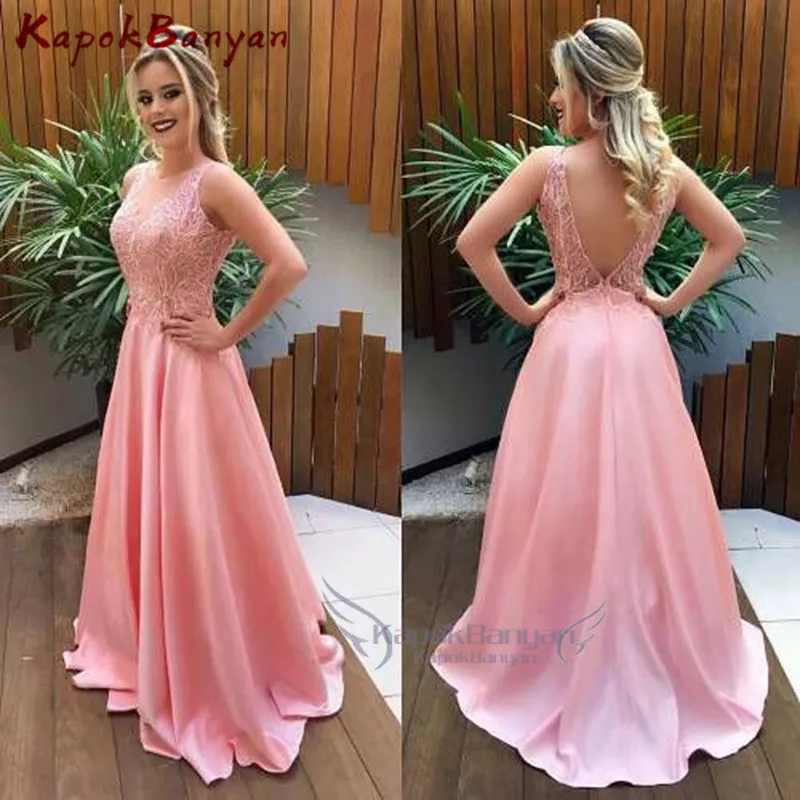 

Pink Scoop Neck V-back Zipper Long Satin Prom Dress Sleeveless Sweep Train A-line Evening Party Gown