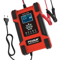 FOXSUR 12Amp Pulse Repair Charger, LiFePO4 Motorcycle & 12V 24V Car Battery Charger, AGM Deep cycle GEL EFB Lead-Acid Charger