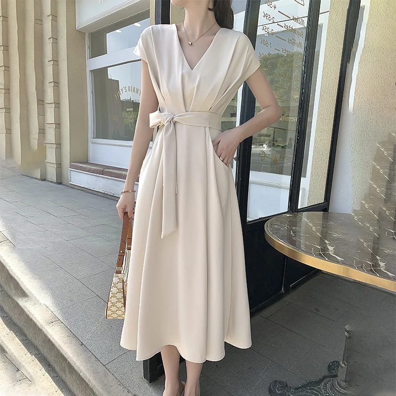 Women Summer Elegant V Neck Long Beige Dress Sashes 2021 New Hepburn Style Slim Waist A-line Pullover Midi Sundress