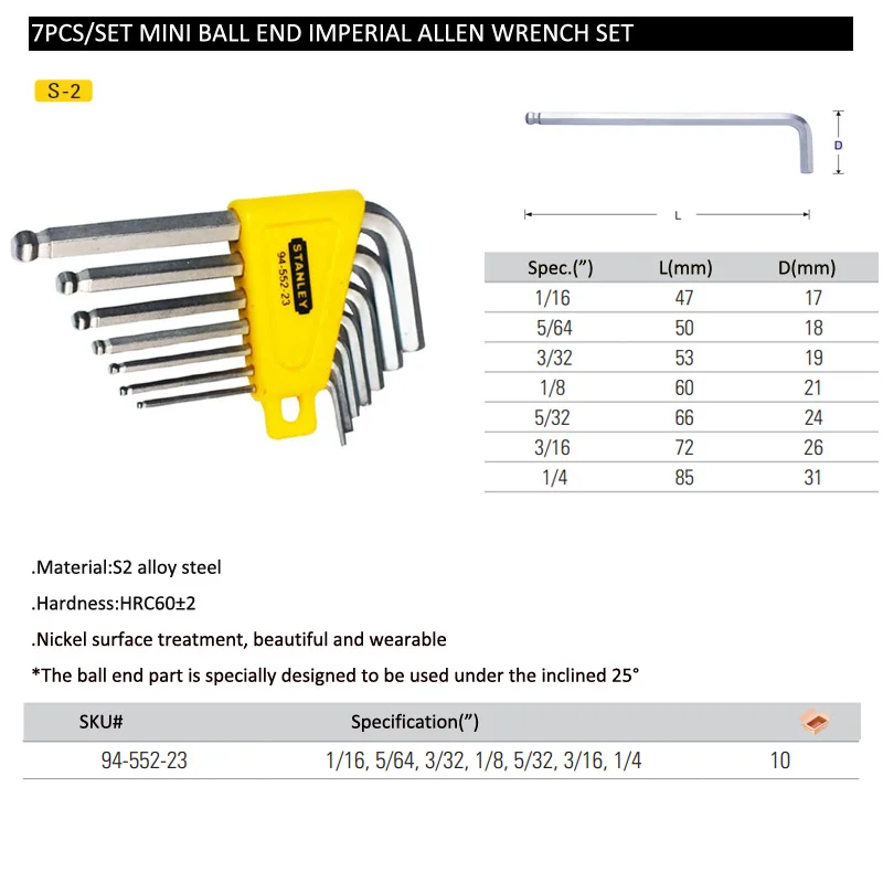 Stanley 1-piece professional imperial allen keys 1/16 5/64 3/32 7/64 1/8 9/64 5/32 3/16 7/32 1/4 5/16 3/8 ball hex wrench inch