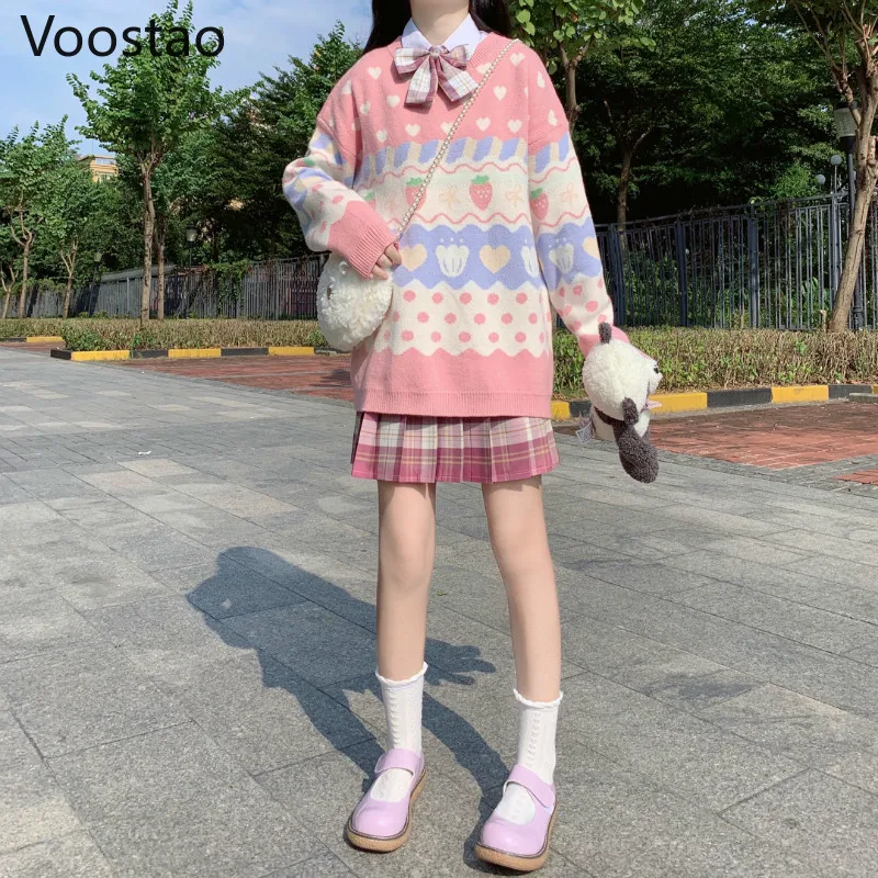 Autumn Winter Knitted Women Sweet Strawberry Print Pullovers Spring Fashoin Girls Japanese Style Casual Loose Sweaters Outwear