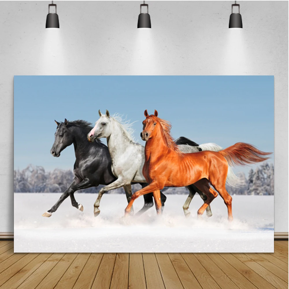 Laeacco Winter Snow Running Horses Room Decoration Customization Backdrop Photographic Photo Background For Photo Studio