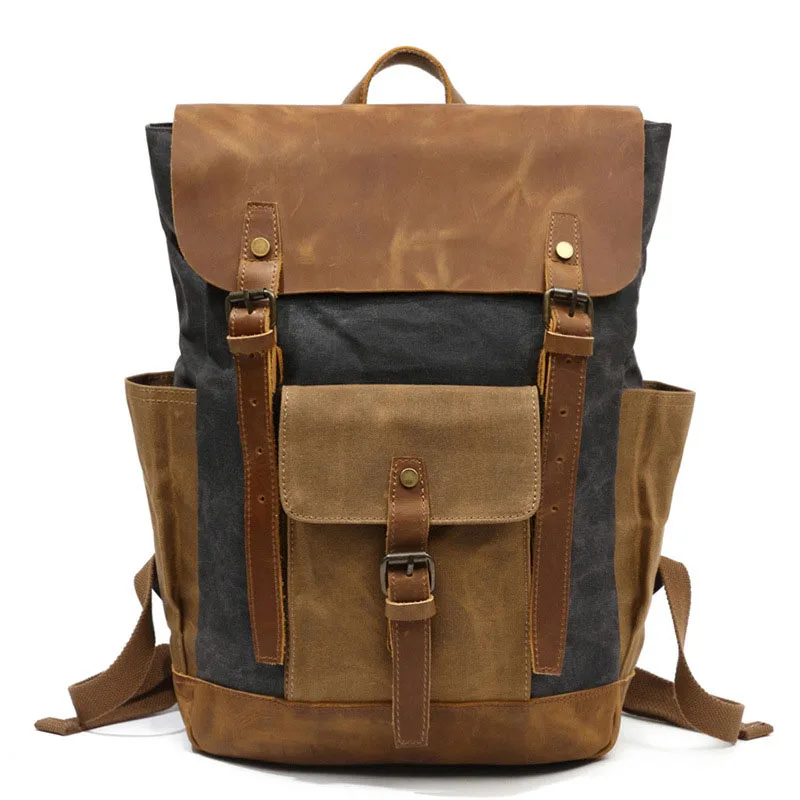 

Vintage Canvas waxed Leather Backpack w/Laptop Storage Travel Bag | Canvas and Cotton | All-Purpose Rucksack for Men, Women