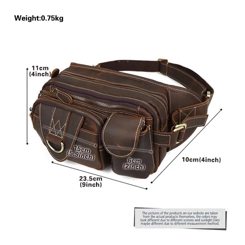 Luufan Mens Cow Leather Waist Bag Packs Vintage Fanny Pack Bum Bag Day Pack Hip Belt Bags Large Capacity Pillow Chest Pack Brown