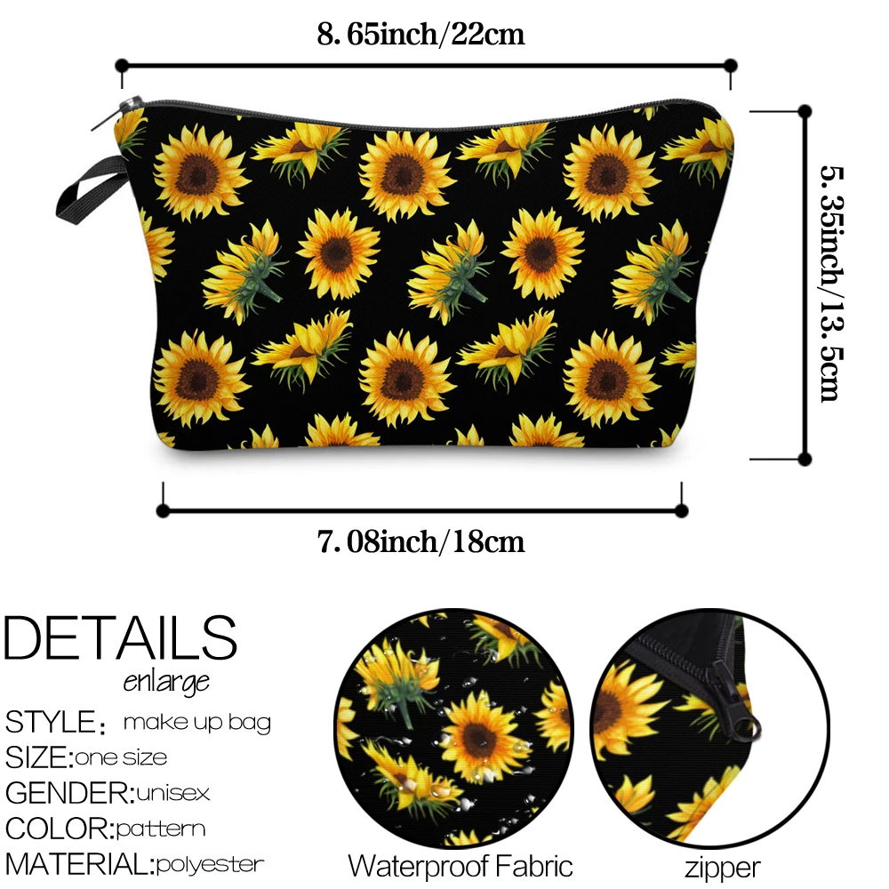 Deanfun Small Waterproof Makeup Bag Fashion Yellow Sunflower Black Cosmetic Bag Kids Pencil Bag Gift 52355