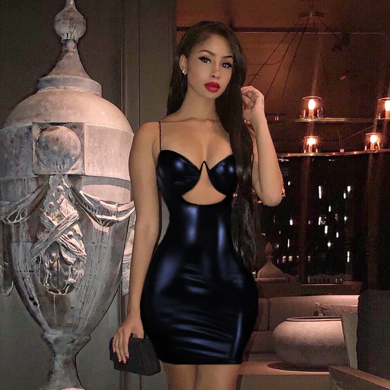 PU spaghetti straps hollow out sexy high waist slim black solid 2024 summer women new fashion party bodycon mini dress