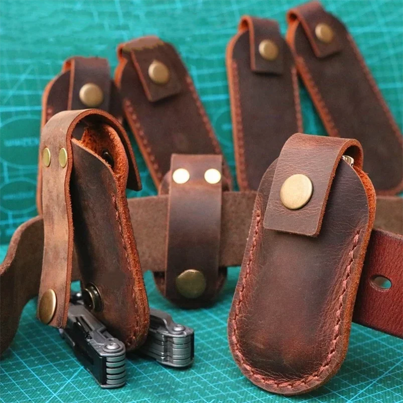 10 Types First Layer Crazy Horse Cowhide Leather Folding Pocket Knife Tool Pliers Sheath Case Buckle Belt Waist Bag Scabbard