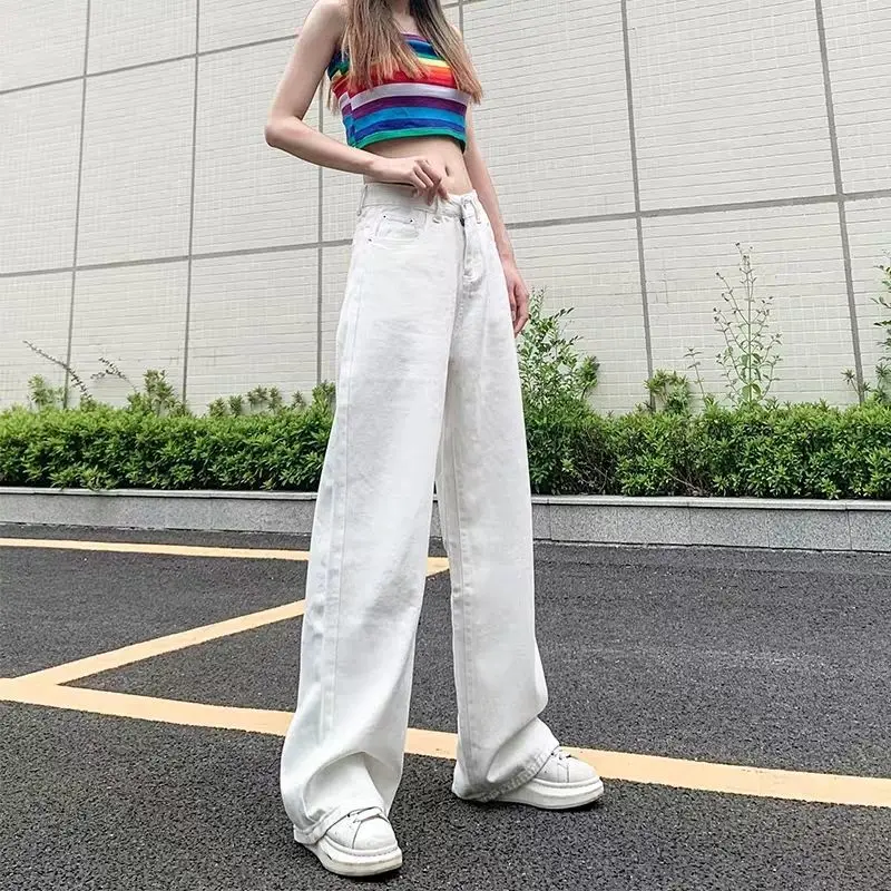 Woman Jeans Pants White High-Waist Summer Straight Width Pine Nuts Pantalones Vaqueros Mujer