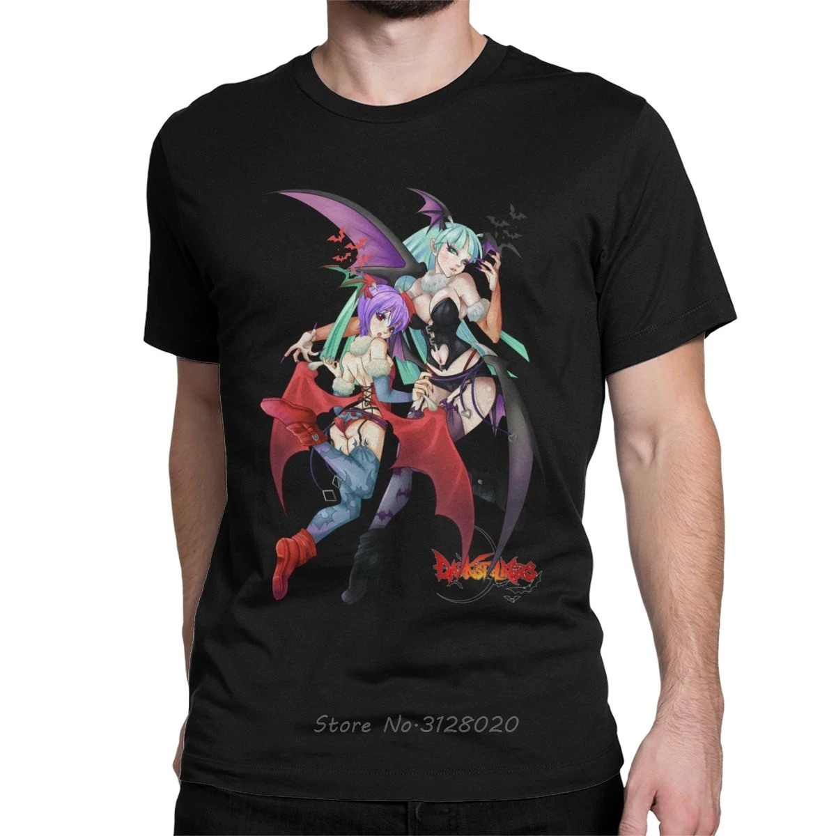 Aensland Sky Darkstalkers Men T Shirt Vampire Morrigan Game Anime Aensland 80s Bats Tee Short Sleeve T-Shirts Cotton EU Size