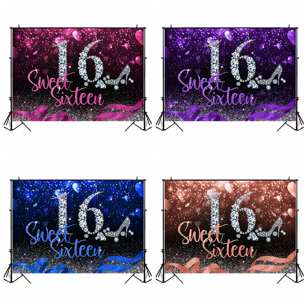 

MOCSICKA Glitter Sweet Sixteen Backdrop for Photography Girl 16th Birthday Party Background Banner Diamond High Heels Decoration