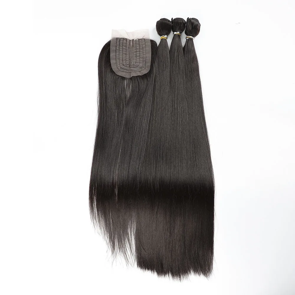 Mèches Synthétiques Lisses avec Closure pour Femme, Tissage Cousu, Tout en 1, 3 Lots