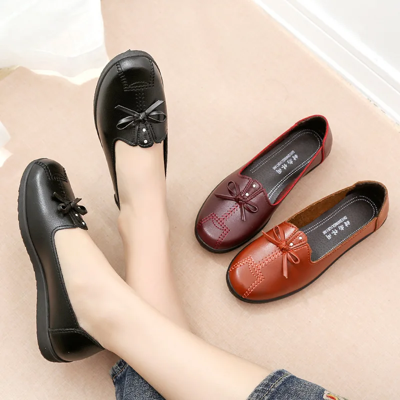 Mom Shoes Leather Flats Non Slip Adult Leather Shoes Women Loafers Big Size 10 Flats Shoes Women Scarpe Donna Platform Shoes