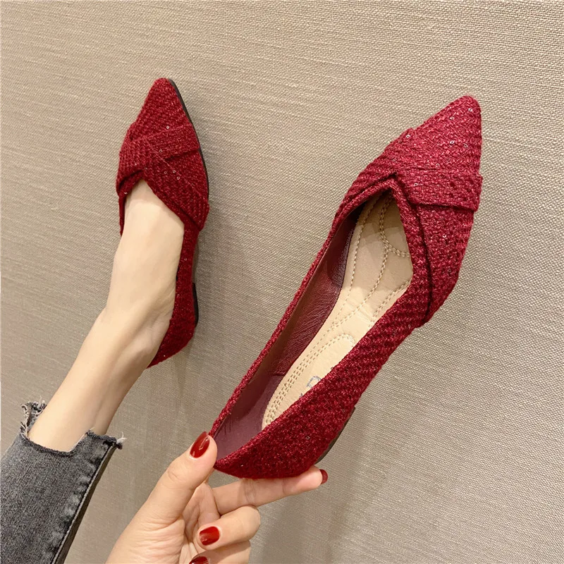 Flats for Women Red Black Foldable Flat Heel Shoes Pointed Toe Size 31 32 33 34 44 45 46 Spring Summer OL Working Shoes Simple