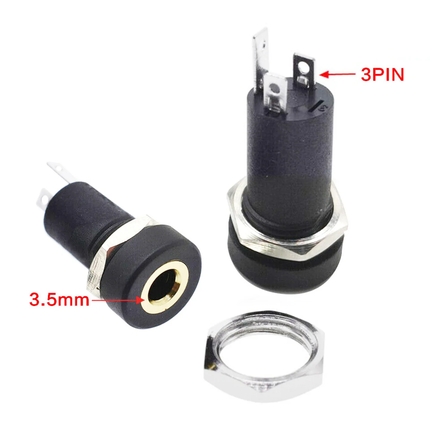 100pcs 3.5mm Audio Female Jack Socket 3 Pole Black Stereo Solder Panel Mount Gold With Nuts