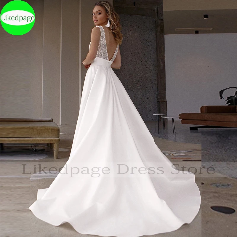 Sexy Wedding Dresses 2021 A Line Satin Vestidos De Novia Bridal Gown V Neck Illusion Robe Mariage Boda Hochzeit Party Kleid