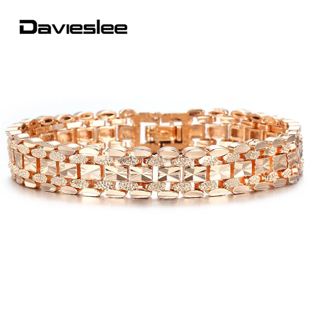 585 Rose Gold Color Bracelet Bangle for Women Heart-shaped Carved Chain Wristband Fashion Jewelry Wedding Gift 11mm LCB41A