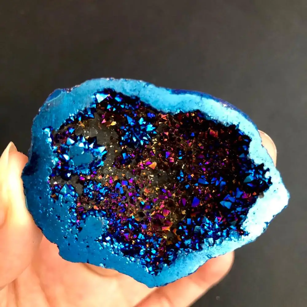 1pcs Blue Angel Aura Quartz Crystal geode Titanium Bismuth Silicon Cluster Rainbow reiki healing