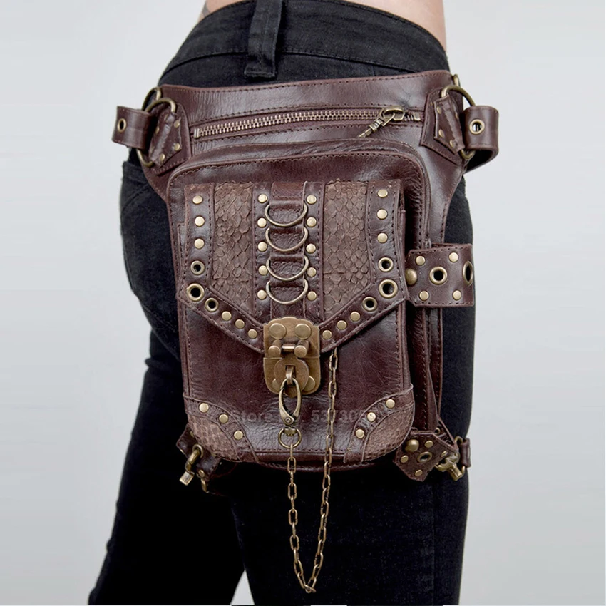 Wiktoriański Gothic Steampunk metalowa skórzana torba mężczyźni kobiety Vintage średniowieczne akcesoria motocykl Mini torba Crossbody