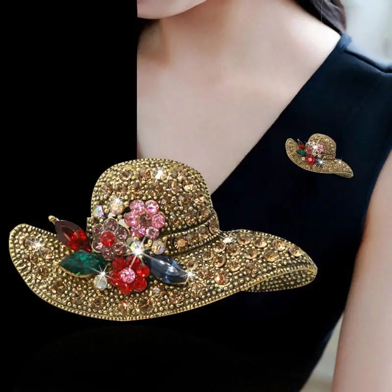 Vintage Fashion Antique Gold Color Rhinestone Hat Brooches for Women Wedding Corsage Accessories Pins High Quality