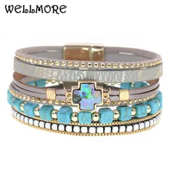 WELLMORE bohemia cross bracelets for women stone beaded wrap bracelets fashion leather Bracelets & Bangles Female Jewelry